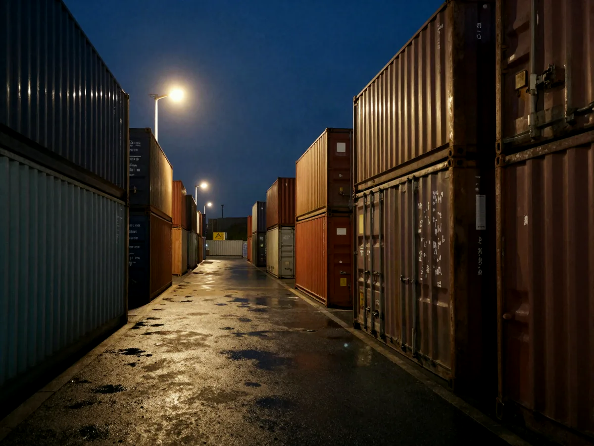 Corredor entre containers empilhados em depot