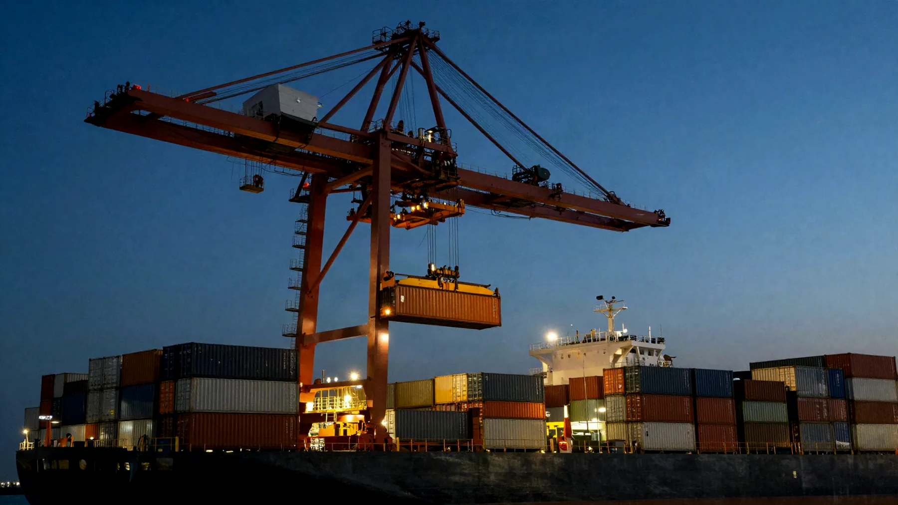 Guindaste de cais carregando container em navio