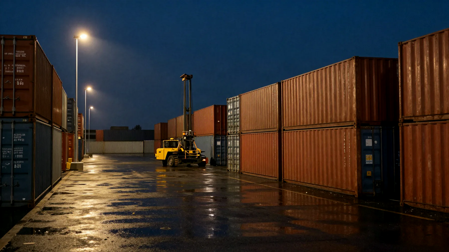 Pátio de containers com reach stacker ao anoitecer